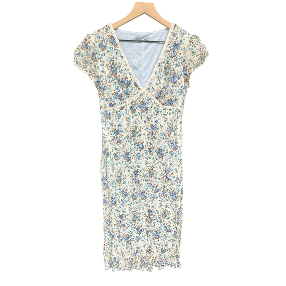 Vintage 90s Jonathan Martin Crinkle Floral Dress Lace Trim Size S Grunge Fairy